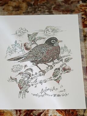 Illustrated Robin Art Print in Red and Black
